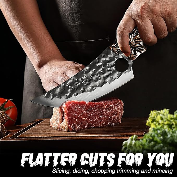 7PCS Butcher Knife Set for Home Kitchen, High Carbon Steel Hand Forged Chef Knives for Butchering, Meat Processing and Cutting, BBQ Cleaver & Bone Chopper, Fillet, Hammered Blade
