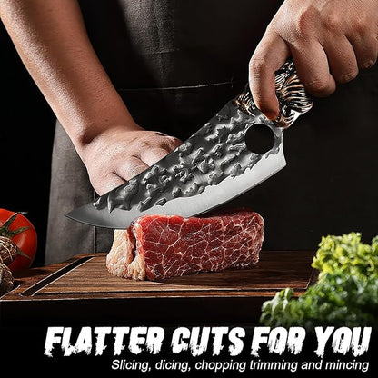 7PCS Butcher Knife Set for Home Kitchen, High Carbon Steel Hand Forged Chef Knives for Butchering, Meat Processing and Cutting, BBQ Cleaver & Bone Chopper, Fillet, Hammered Blade