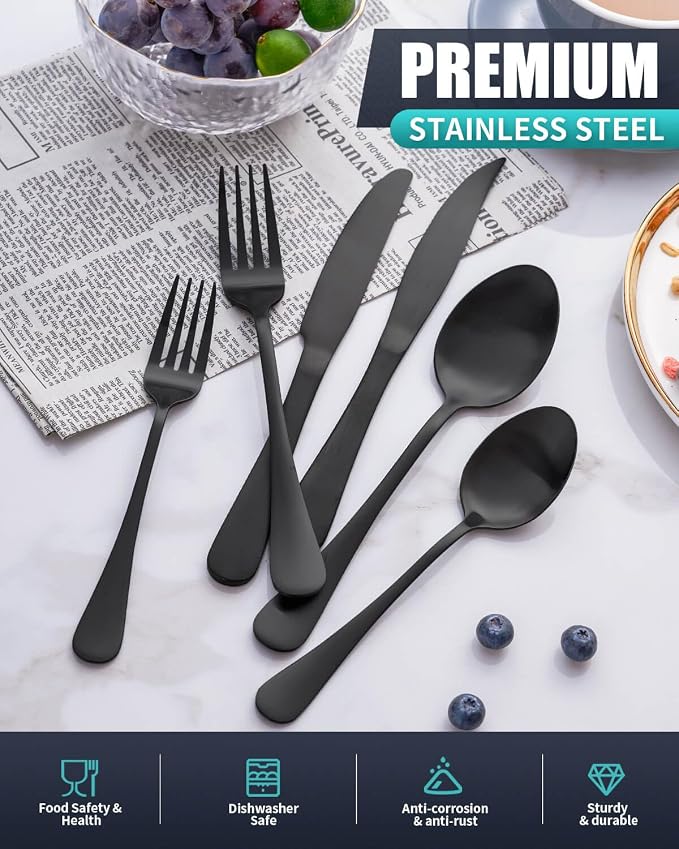 Matte Gold Silverware Set with Steak Knives,Stainless Steel Flatware Set for 6,Modern Cutlery Utensils Set,Spoons and Forks Set for Restaurant,Dishwasher Safe (Black, 36 Piece Set)