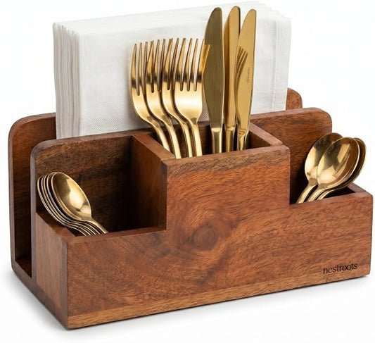 nestroots Silverware, Napkins & Spoon Holder, Acacia Wooden Utensil Caddy, Organizer Countertop, Cutlery Holder for Party, Fork, Knife Organizer