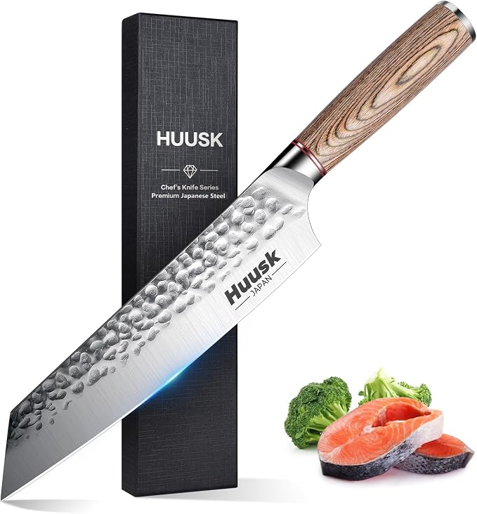 Huusk Japanese Chef Knife for Home & Kitchen - 8" Japanese Kiritsuke Knife for Sushi Fish Meat, Ultra Sharp Cooking Knifes, High Carbon Stainless Steel & Pakkawood Handle, Gift Idea for Men Women