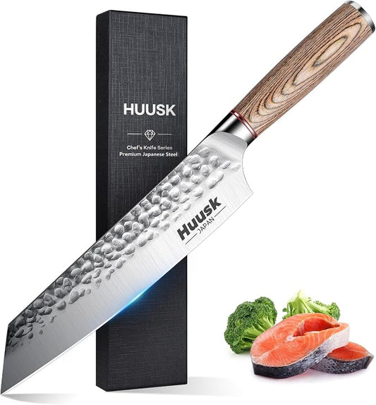 Huusk Japanese Chef Knife for Home & Kitchen - 8" Japanese Kiritsuke Knife for Sushi Fish Meat, Ultra Sharp Cooking Knifes, High Carbon Stainless Steel & Pakkawood Handle, Gift Idea for Men Women