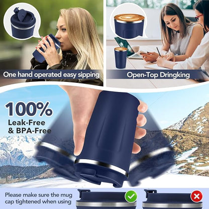 Volhoply 12 oz Double Wall Insulated Vacuum Travel Coffee Mug with Flip Lid Bulk 8 Pack,Reusable Stainless Steel Leak Proof Coffee Cup,Portable Cafe Thermal Tumblers for Hot & Cold Drinks(Navy,8 Set)