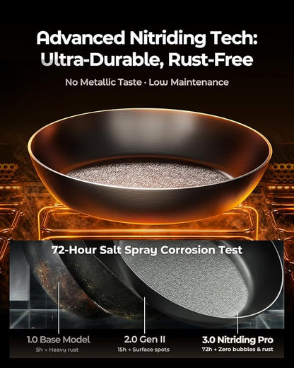 8 Inch Self-Seasoning Nitrided Carbon Steel Pan, Small Skillet for Eggs Camping and Individual Cooking Portions, Pre-seasoned, Wooden Handle, PFAS & PFOA-Free