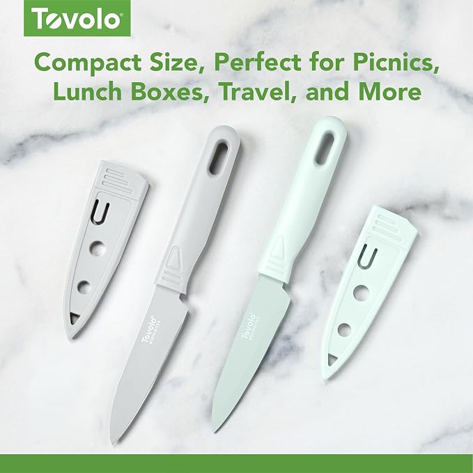 Tovolo Paring Knife Set of 2 Stainless Steel 8 Inch Kitchen Knives with Protective Blade Cover, Sharp Small Comfort Grip Handle Paring Knife Set for Cutting Slicing Dicing, Blue Haze & Oyster Gray