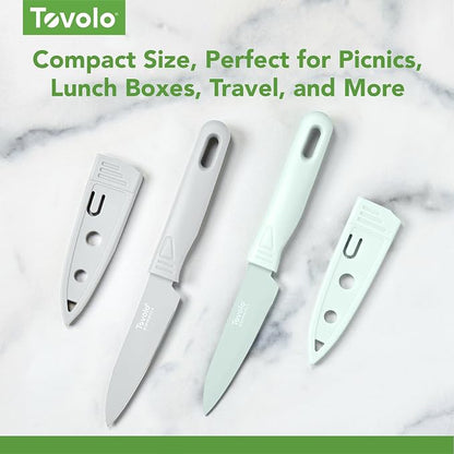 Tovolo Paring Knife Set of 2 Stainless Steel 8 Inch Kitchen Knives with Protective Blade Cover, Sharp Small Comfort Grip Handle Paring Knife Set for Cutting Slicing Dicing, Blue Haze & Oyster Gray