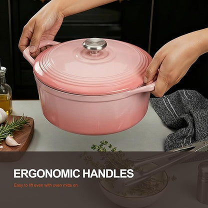 Overmont Enameled Cast Iron Dutch Oven - 5.5QT Pot with Wide Handles Lid Cookbook & Cotton Potholders - Heavy-Duty Pre-Seasoned Cookware Oven Safe to 500°F for Braising, Stews, Roasting, Sourdough Baking