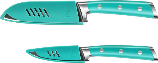 Cangshan S+ Series 1022117 German Steel Forged 2-Piece Titanium Coated Santoku Starter Knife Set with Sheaths, French Teal