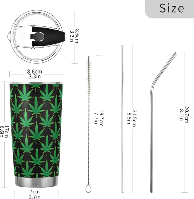 Tumbler Green Marijuana Leaves Insulated Coffee Cup Beverage Container Travel Mug with Straw and Lid Double Wall Stainless Steel 20oz Office, Back to School