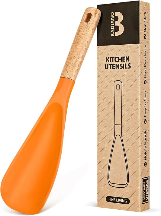 Cooking Spoon for Nonstick Cookwares, Great for Cooking and Serving Sturdy BPA-Free Matte Silicone, Wood Handle Spoon for Mixing, Scoop, and Scrape (ORANGE, 11.4 inch)
