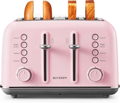 BUYDEEM DT640 4-Slice Toaster, 7 Shade Settings, Extra Wide 1.5’’ Slots for Bagel & English Muffin, 6 Toasting Functions, Retro Stainless Steel Toaster with High Lift Lever, 1800W, Pink