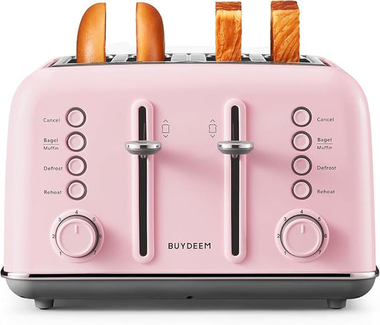 BUYDEEM DT640 4-Slice Toaster, 7 Shade Settings, Extra Wide 1.5’’ Slots for Bagel & English Muffin, 6 Toasting Functions, Retro Stainless Steel Toaster with High Lift Lever, 1800W, Pink