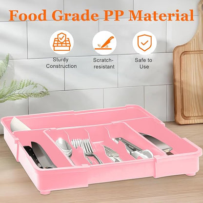 Spaclear Silverware Organizer - Expandable Silverware Drawer Organizer, Adjustable Drawer Organizer, Silverware Tray for Drawer 15.2"x 19" Utensil Drawer Organizer, Kitchen Organizers Storage, Pink