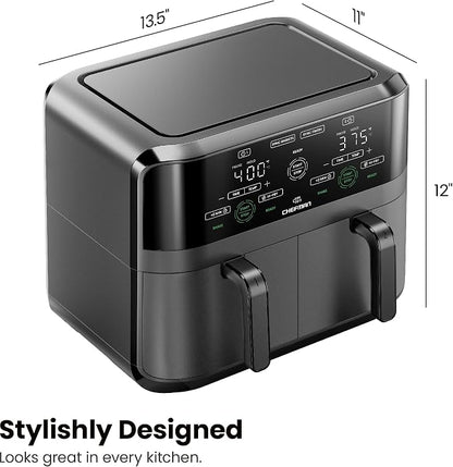 Chefman 6 Quart Dual Basket Air Fryer - Digital Touchscreen, Smart Sync Finish, Hi-Fry, Auto Shutoff, 2 Independent 3QT Nonstick Dishwasher-Safe Frying Baskets - Digital Double Air Fryer - Black