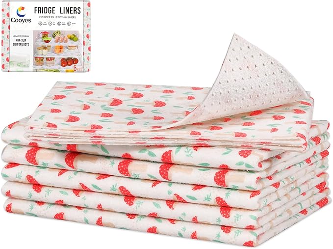 Cooyes 6 Pack Cloth Shelf Liners for Kitchen Cabinets, 17.7" × 24", Non-Slip Refrigerator Liners Machine Washable, Freezer Drawer Mats for Glass Shelves and Kitchen Cabinets, (Red Mushroom)