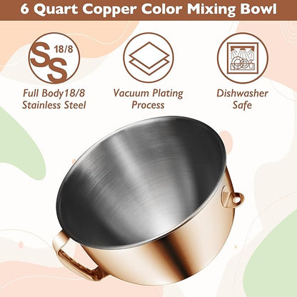 Copper Color Stainless Steel 6 Quart Mixing Bowl for Kitchen Aid Professional Bowl Lift Stand Mixer, Heavy Duty Extra Mixer Bowl fits KP26, KB26, Dishwasher Safe, Ergonomic Handle, Silicone Scraper