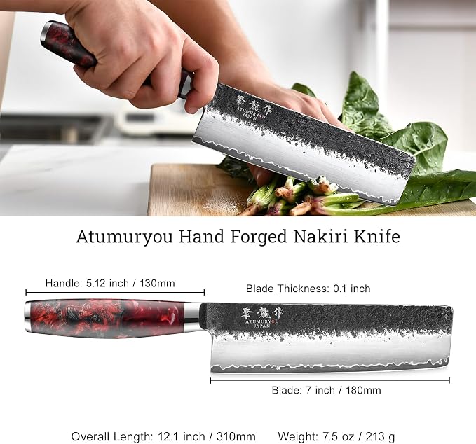 Japanese Nakiri Knife, 7 Inch Hand Forged Chef Knives with VG10 Steel, Professional Kitchen Knives, Ultra Sharp Vegetables Knife with Ergonomic Red Handle, Cooking Gifts for Men and Women