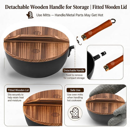 WANGYUANJI 8.7 Inch Carbon Steel Mini Wok with Wooden Lid & Detachable Handle, 2.2 Qt Small Wok Pan for 1–2 People, Flat Bottom Uncoated Stir Fry Pan for Ramen, Deep Frying, Gas & Induction