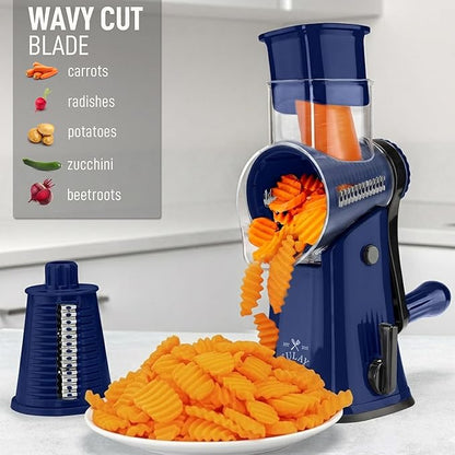 Zulay Kitchen Rotary Cheese Grater 5 Blade Cheese Shredder - Manual Hand Crank Cheese Grater With Reinforced Suction & 5 Interchangeable Drums - Easy to Use, Vegetable Chopper Round Mandoline Slicer