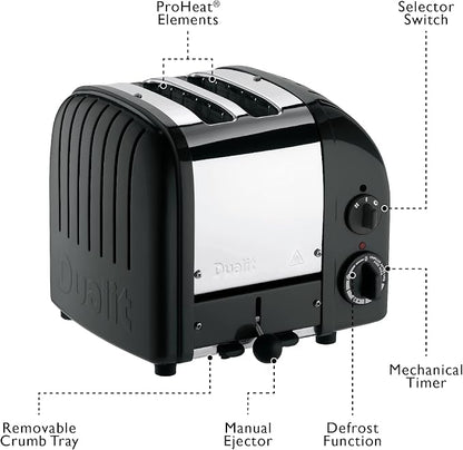 Dualit Classic 2 Slice NewGen Toaster - Stainless Steel - Hand Built in the UK - Replaceable ProHeat elements - Defrost Bread - Mechanical Timer - Matt Black Classic Toaster