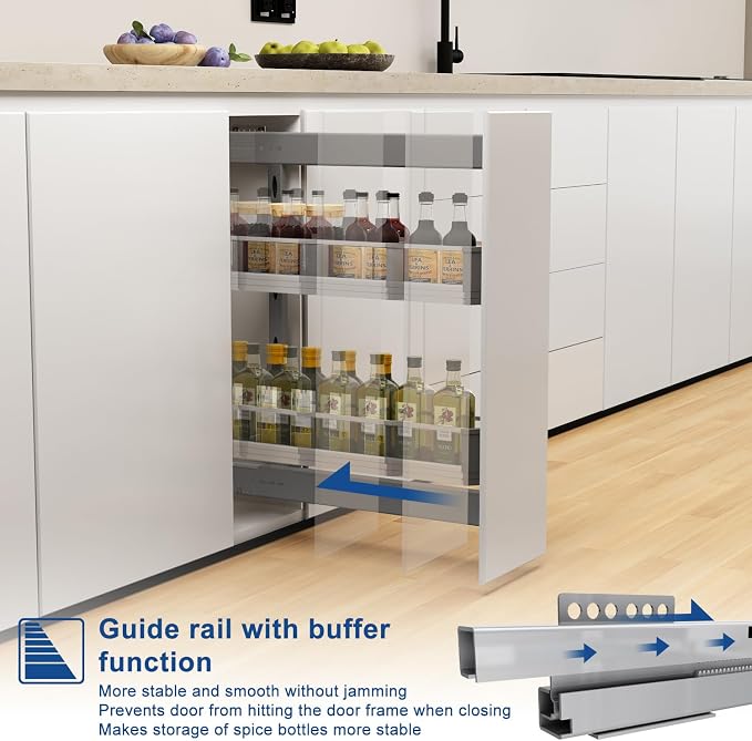 VADANIA Naro Pull Out Cabinet Organizer with Glass Side Panels, 2-Tier Spice Rack for 8" Base Cabinets, Soft Close Full-Extension Slides, Reversible Left or Right Side Mount