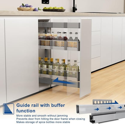 VADANIA Naro Pull Out Cabinet Organizer with Glass Side Panels, 2-Tier Spice Rack for 8" Base Cabinets, Soft Close Full-Extension Slides, Reversible Left or Right Side Mount