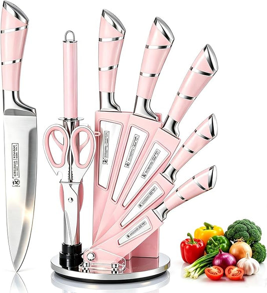 Pink Kitchen Knife Set, 9-Piece - Non-Stick, Sharp, High Carbon Stainless Steel Knives with Acrylic Block - Perfect for Meat Slicing, Chopping - Ideal Kitchen Gifts for Women