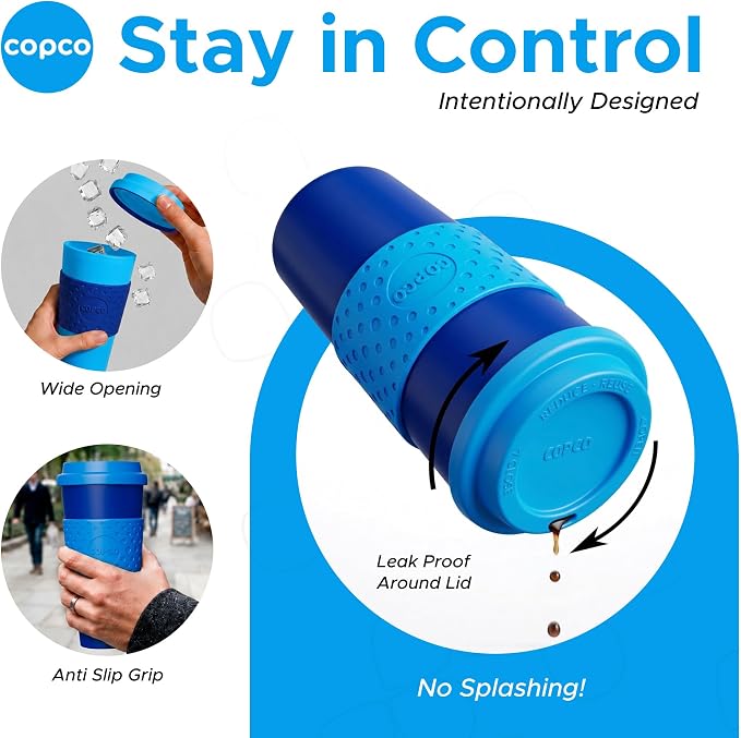 Copco Acadia 16oz Travel Mug with Lid, Set of 2 Double Wall Insulated Tumbler, Non-Slip Sleeve and BPA-Free - Microwave & Dishwasher Safe, Reusable Plastic To Go Travel Coffee Mug (Navy/Blue)