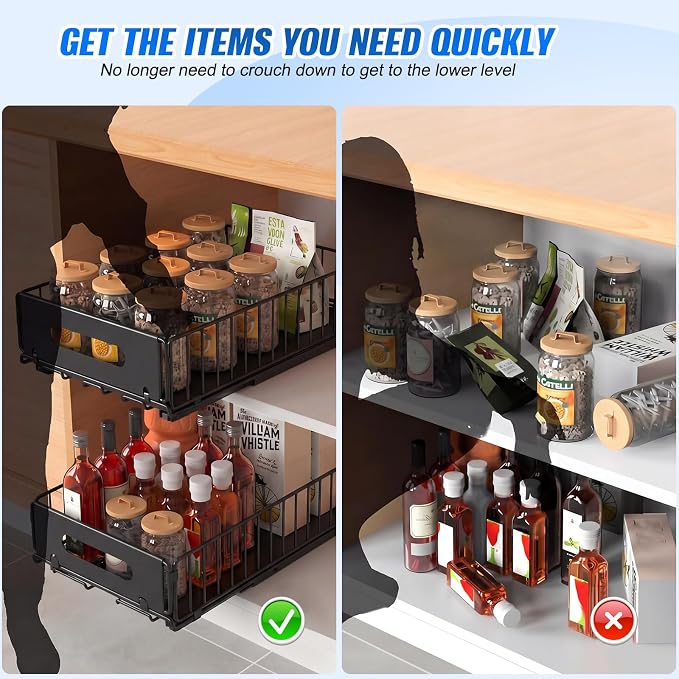 2 Pack Pull Out Cabinet Organizer, 15"" Depth Slide Out Pantry Drawer with Nano Adhesive (No Drilling), Heavy Duty Wire Basket for Kitchen, Under Sink, Bathroom, 9.44"" W x 3.54"" H, Black