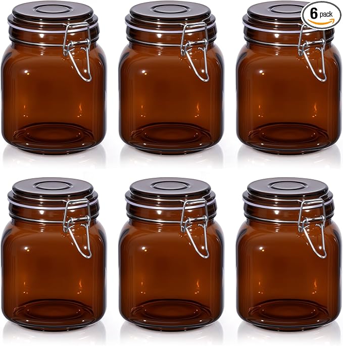 Norme 6 Pack 34oz Amber Airtight Glass Jars with Lids, Square Food Storage Container Airtight Food Wire Clip Fastening for Sauerkraut Flour Kitchen Sugar Cereal Kitchen Canning Pickling Mason Jars