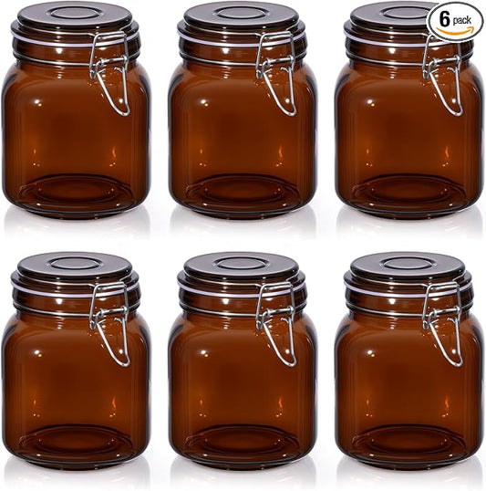 Norme 6 Pack 34oz Amber Airtight Glass Jars with Lids, Square Food Storage Container Airtight Food Wire Clip Fastening for Sauerkraut Flour Kitchen Sugar Cereal Kitchen Canning Pickling Mason Jars