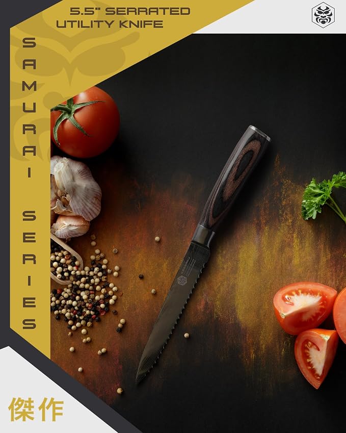 KESSAKU Serrated Utility Knife - 5.5 inch - Samurai Series - Razor Sharp Kitchen Knife - Forged 7Cr17MoV High Carbon Stainless Steel - Wood Handle with Blade Guard