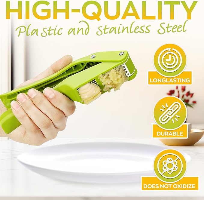 2 in 1 Garlic Slicer and Garlic Press - Multipurpose Garlic Press and Slicer, Stainless Steel and Durable Plastic, 7.6 x 1.7 x 2.5", Easy to Use and Clean, Good for Home and Commercial Use