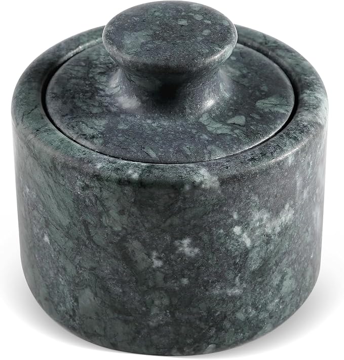 Koville Indian Green Marble Salt Cellar with Lid 3.5", Stone Pepper Container & Spice Jars for Kitchen, Marble Salt and Pepper Holder, Stone Storage Box for Kitchen Counter, Spice Jar