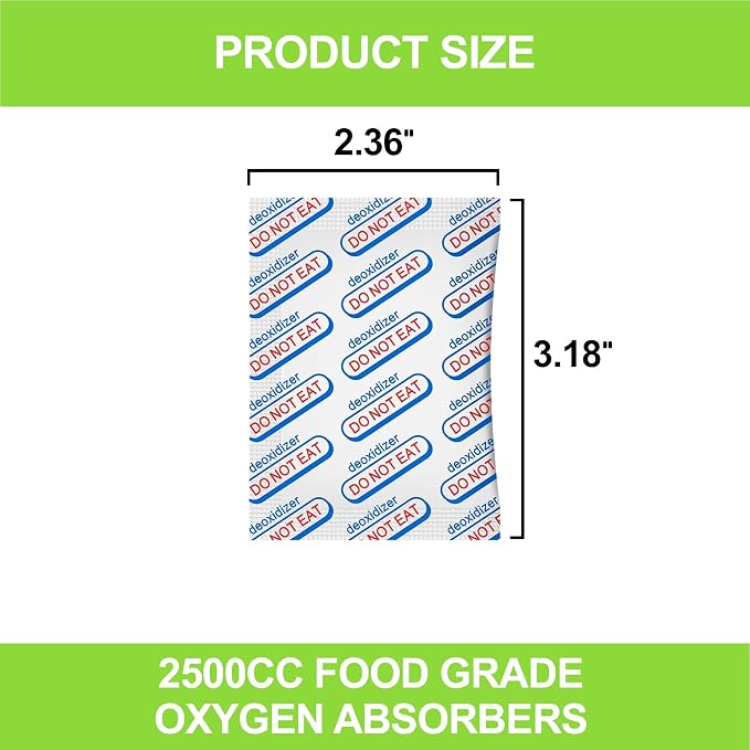 25-Pack High Capacity 2500cc Oxygen Absorbers for Food Storage – Individually Vacuum Sealed in 1-Pack, Food Grade with Oxygen Indicator – Ideal for 5-Gallon Mylar Bags, Buckets & Mason Jars
