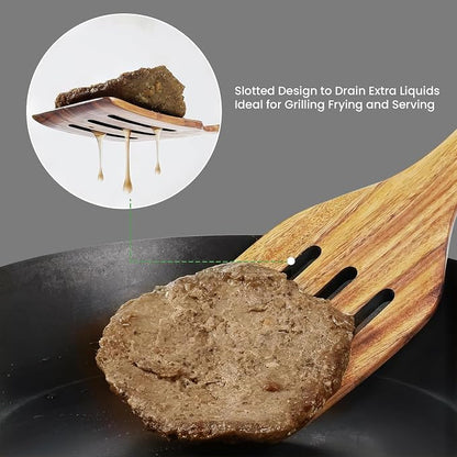 GEEKHOM Slotted Wooden Spurtle Bamboo Turners : 13 Inch Long Handle for Sourdough Starter, Mixing Reaching Jar Bottom, Nonstick Cookware 2 Pack