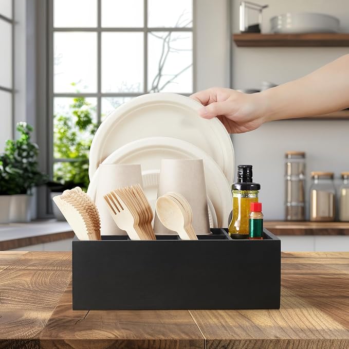 Wood Utensil Holder for Party, 6-Compartment Paper Plate Organizer with Handles, Wooden Silverware Caddy for Picnic, Camping, BBQ, Buffet, and Kitchen Countertop Organization, Black