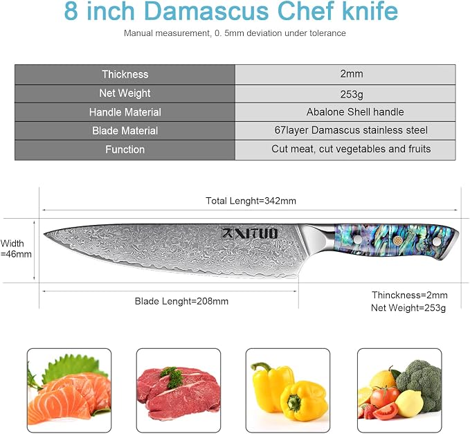 XITUO 8-Inch Damascus Steel Chef Knife, Japanese VG10 Super Steel Full Tang Blade, Razor Sharp Kitchen Knives, Ergonomic Abalone Shell Handle, Dazzling Series - Gift Box