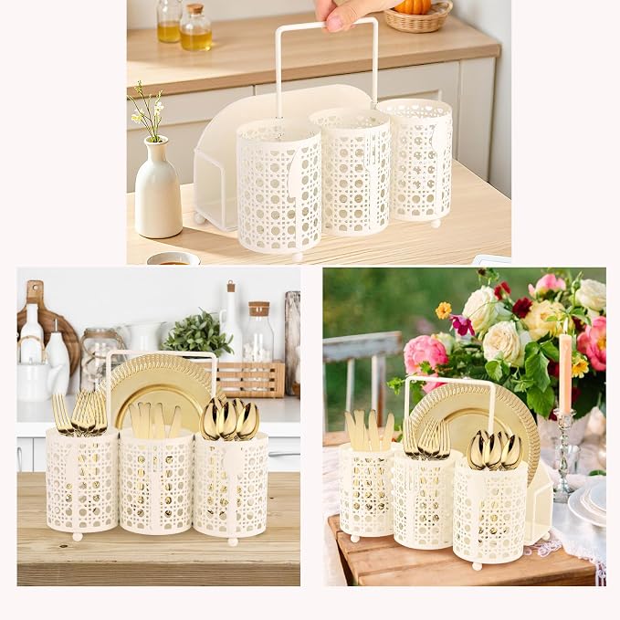 NelyBet Utensil Caddy Silverware Holder Fork Spoon Napkin Paper Plate Organizer Metal Utensil Holder Cutlery Flatware Organizers for Party Kitchen Countertop Camping Picnic - Cream Mesh