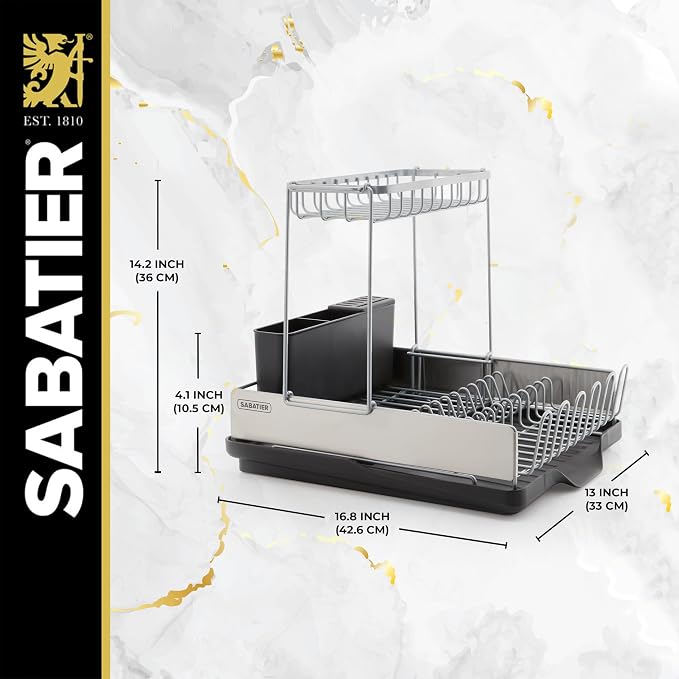Sabatier Dish Drying Rack with Second Tier, Rust Resistant Wires and Angled Drain Board, Utensil Caddy Compact Dish Drying Rack
