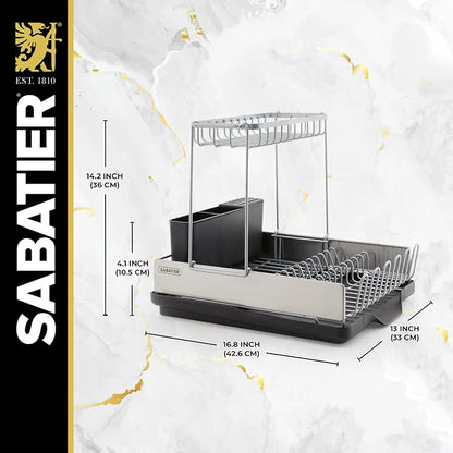 Sabatier Dish Drying Rack with Second Tier, Rust Resistant Wires and Angled Drain Board, Utensil Caddy Compact Dish Drying Rack