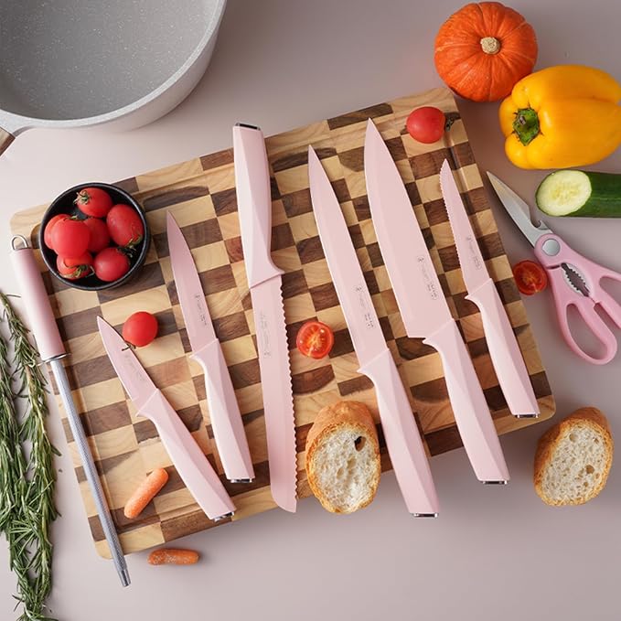 Pink Knife Set with Wood Block, 14-Piece Aesthetic Kitchen Knife Sets for Women,Non Rust Sharp Stainless Steel Knives With Sharpener,Gifts for Modern Kitchen Decor
