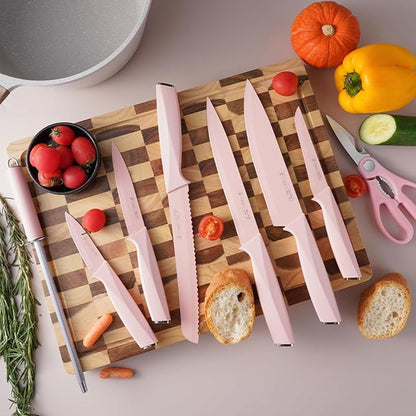 Pink Knife Set with Wood Block, 14-Piece Aesthetic Kitchen Knife Sets for Women,Non Rust Sharp Stainless Steel Knives With Sharpener,Gifts for Modern Kitchen Decor