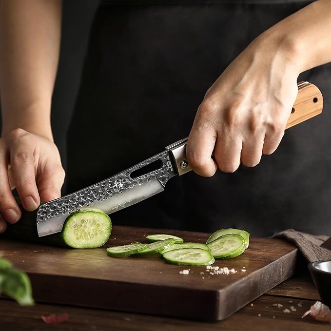 SENBON Forged 440A Super Sharp Pocket Folding Chef Knife Peeling Practical Knife Fruit Knife Natural Olive Handle Camping Barbecue Outdoor Portable Kitchen Knife