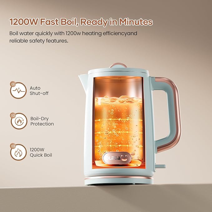 OLEGA Electric Kettle: 1200W Fast Boil Electric Water Kettles, 1.5L Double Wall Stainless Steel Tea Kettle, Auto Shut-Off, BPA-Free Hot Water Boiler Teapot for Coffee & Tea -Light Blue