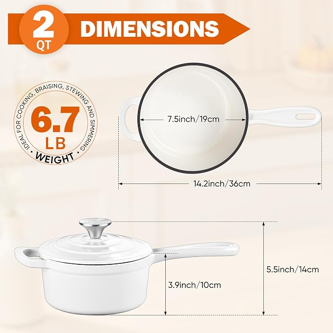 Homikit Small Cast Iron Pot, 2 Quart Enameled Cast Iron Sauce Pan with Lid, Heavy Duty Enamel Dutch Oven Kitchen Cookware for Making Pasta, Boiling Soup, Warming Milk, Nonstick & Oven Safe, White