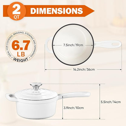 Homikit Small Cast Iron Pot, 2 Quart Enameled Cast Iron Sauce Pan with Lid, Heavy Duty Enamel Dutch Oven Kitchen Cookware for Making Pasta, Boiling Soup, Warming Milk, Nonstick & Oven Safe, White