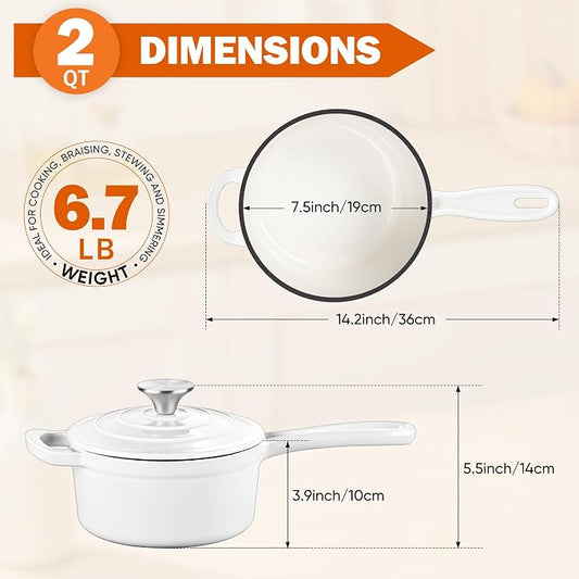Homikit Small Cast Iron Pot, 2 Quart Enameled Cast Iron Sauce Pan with Lid, Heavy Duty Enamel Dutch Oven Kitchen Cookware for Making Pasta, Boiling Soup, Warming Milk, Nonstick & Oven Safe, White