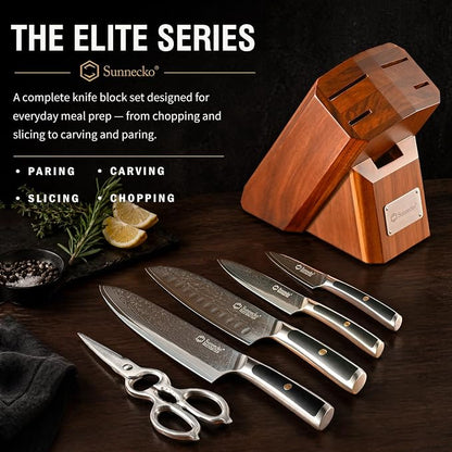 Sunnecko Damascus Knife Set with Block,67-Layer Damascus Steel Kitchen Knife Set with VG-10 Core,Full Tang 7 PCS Japanese Chef Knives with 15° Precision Edge,Professional Chef Knife Set for Kitchen