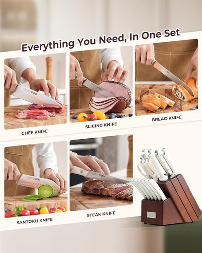 Knife Set, 15 Pcs German High Carbon Stainless Steel Kitchen Knife Set, Knife Sets with Block and Sharpener,Enduring Razor-Sharp FSC Wooden Knives Block Set for Kitchen，Brown